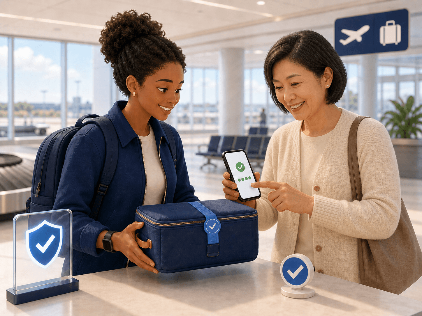 A verified traveller and recipient checking the intact parcel seal while confirming delivery with a one-time code